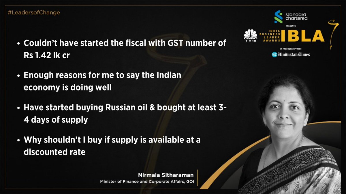 CNBCTV18Live's tweet photo. #CNBCTV18IBLA | Have started buying Russian oil & bought at least 3-4 days of supply, says Finance Minister @nsitharaman at 17th Indian Business Leader Awards
#LeadersofChange #FMExclusive https://t.co/InDNhA6OMQ