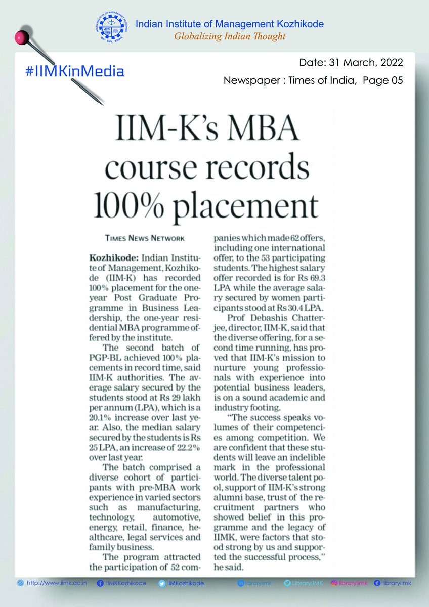 IIMKozhikode's tweet image. We are pleased to announce that our 2nd batch of @iimk_pgpbl, the 1-yr residential #MBA program, witnessed a strong placement season (graduating batch of 2022) and achieved 100% placements in record time. Here are the updates:
