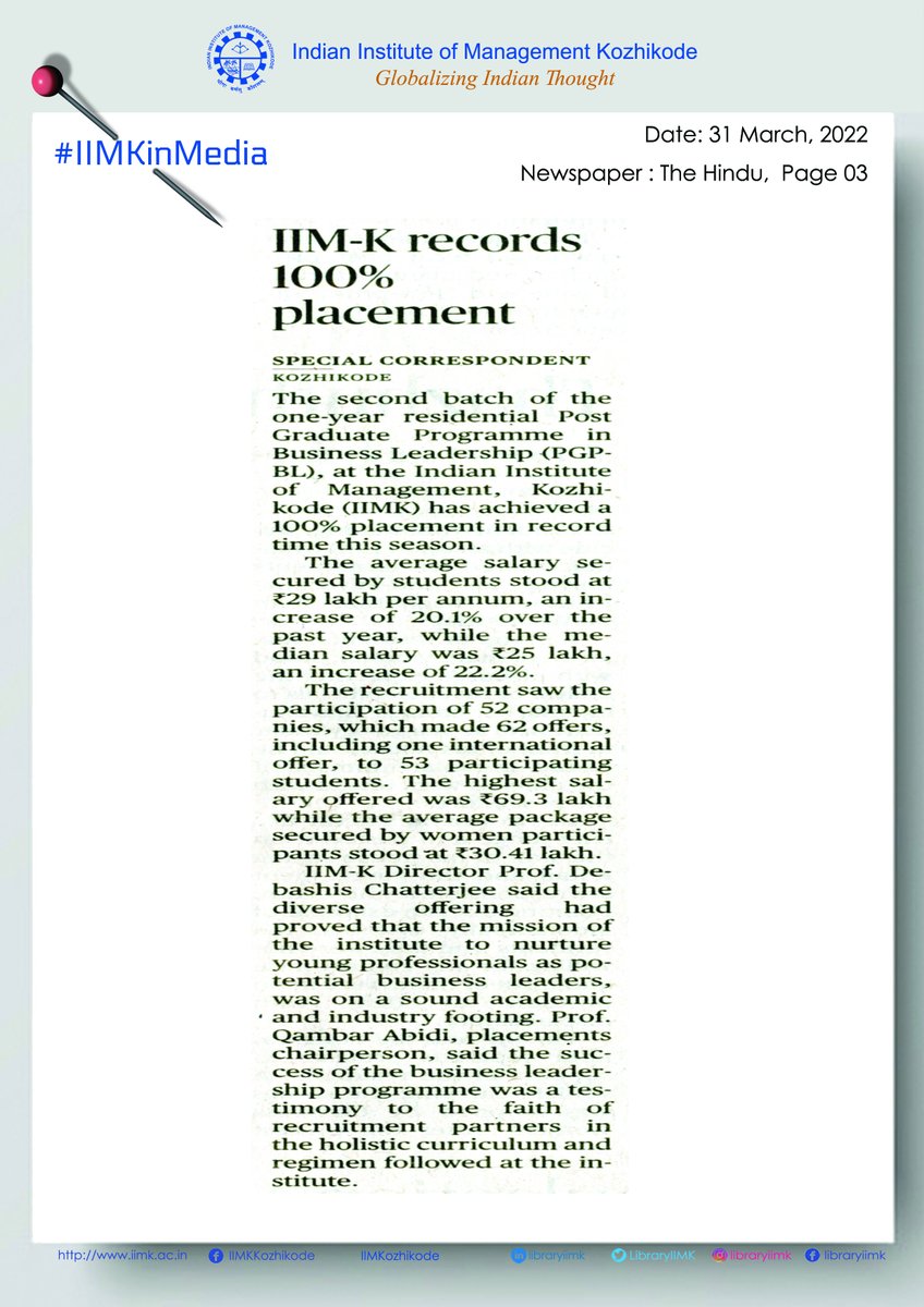 IIMKozhikode's tweet image. We are pleased to announce that our 2nd batch of @iimk_pgpbl, the 1-yr residential #MBA program, witnessed a strong placement season (graduating batch of 2022) and achieved 100% placements in record time. Here are the updates: