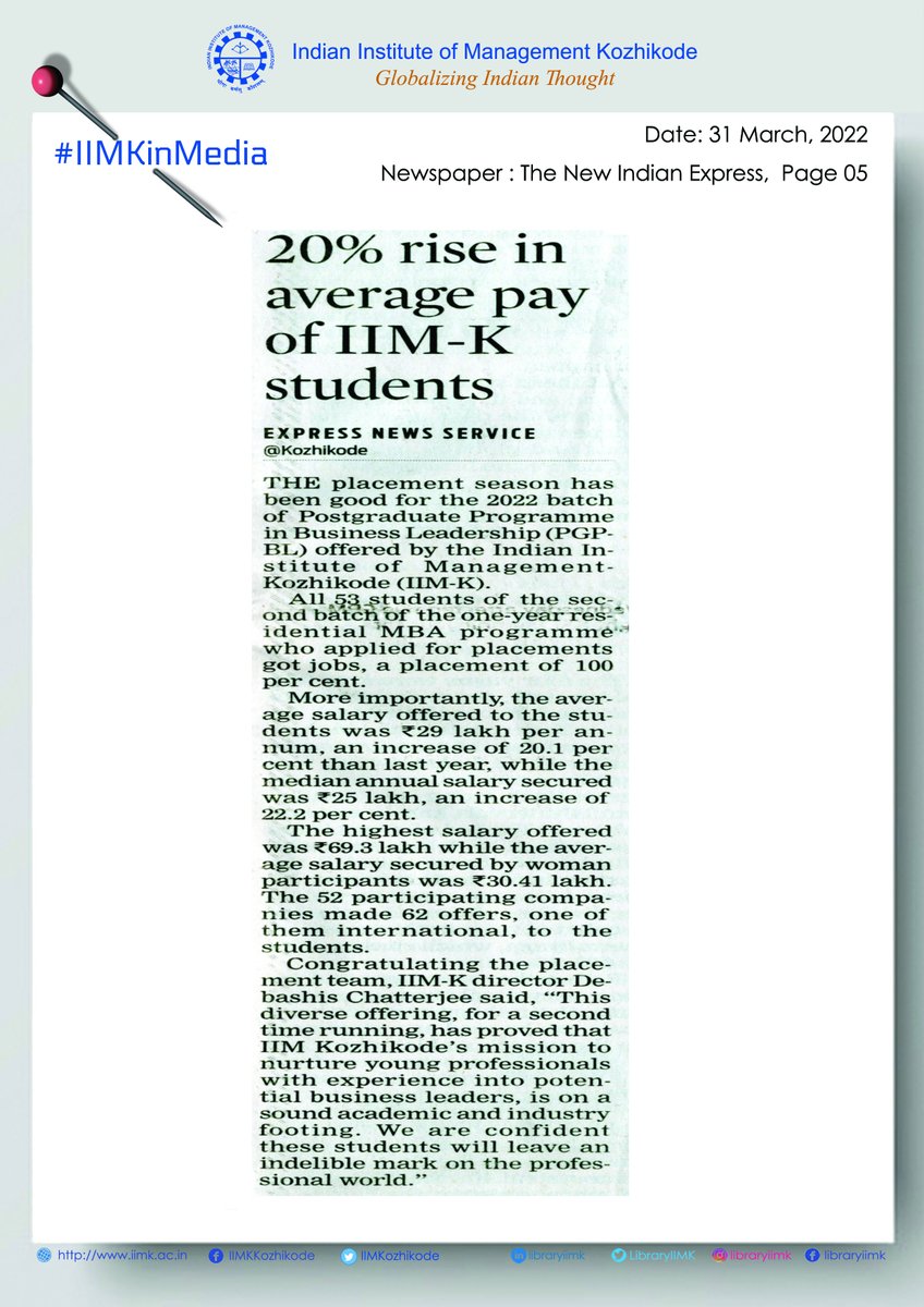 IIMKozhikode's tweet image. We are pleased to announce that our 2nd batch of @iimk_pgpbl, the 1-yr residential #MBA program, witnessed a strong placement season (graduating batch of 2022) and achieved 100% placements in record time. Here are the updates: