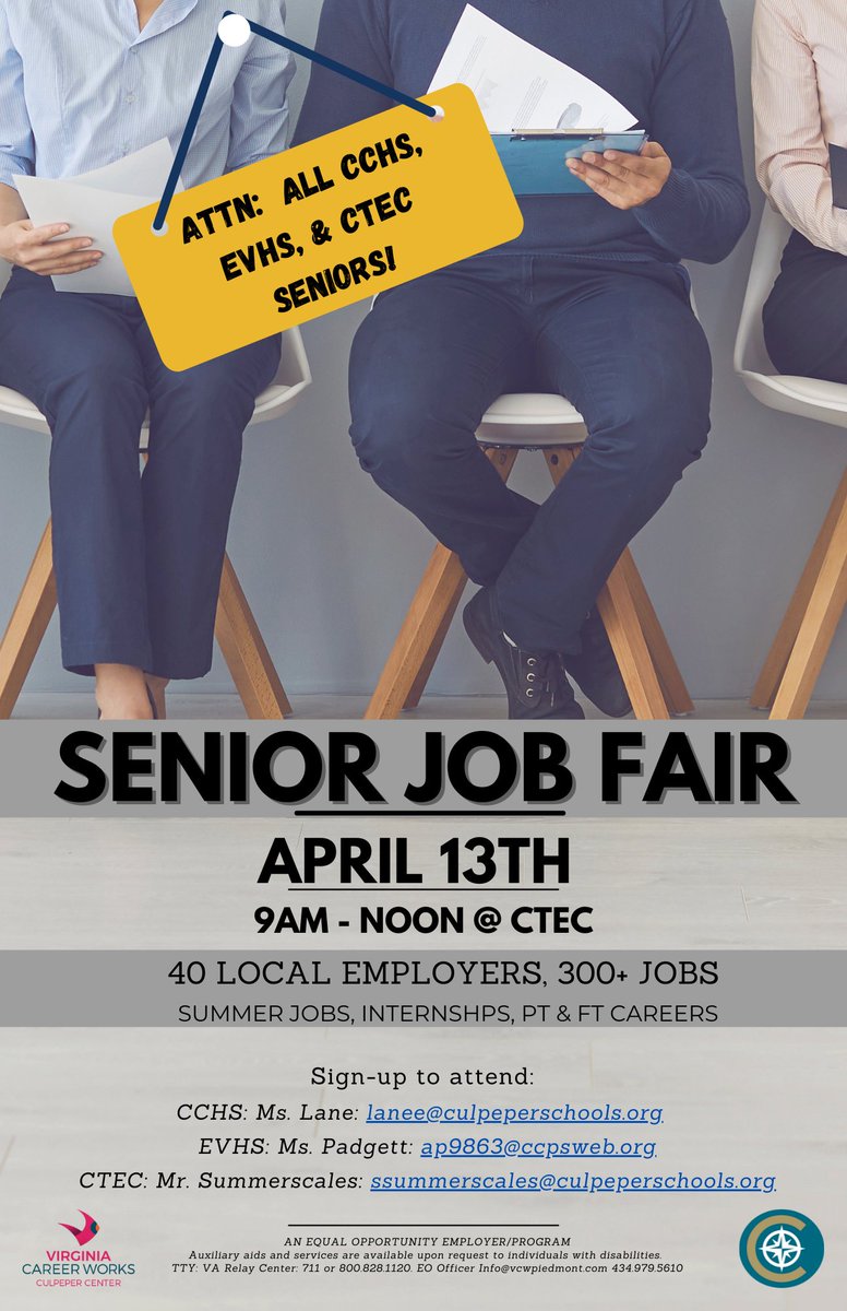 CCPSCCHSGuide's tweet image. Seniors, sign up for the Senior Job Fair on April 13 at CTEC.  You can register for the fair through the link in your Google Classroom. There will be 40 local employers and over 300 jobs, summer jobs, and internships. See Mrs. Lane for more details. #bettereveryday
