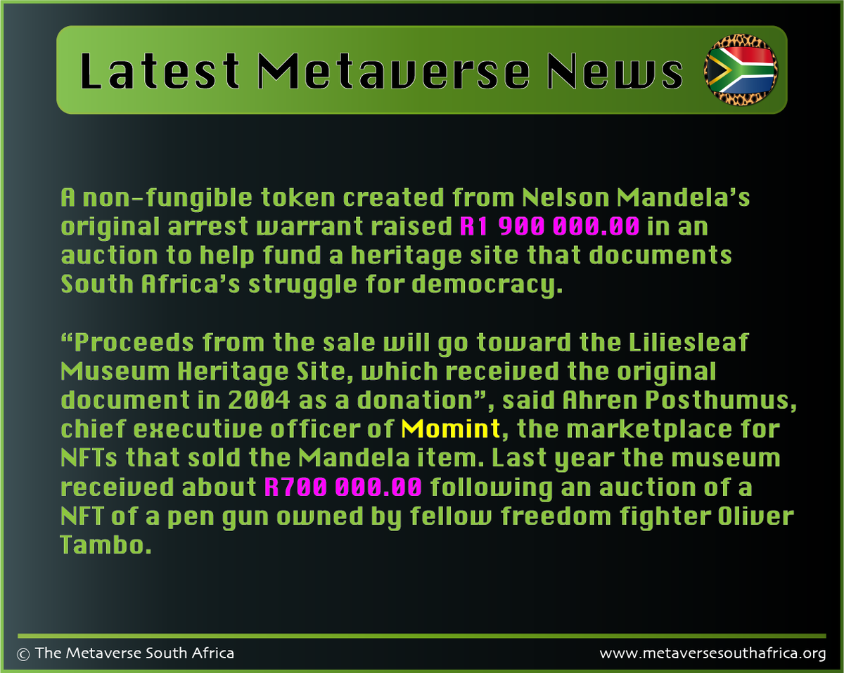 MetaverseSA's tweet photo. An NFT item of former president Nelson Mandela recently fetched just under R2 000 000.00 at an auction facilitated by South African NFT marketplace @MomintNFT.  #NFTCommunity #nftnews #Metaverse #SouthAfrican 

Check it out here!
https://t.co/YQ7ykRZ2uV https://t.co/EsZDH5Kwrk