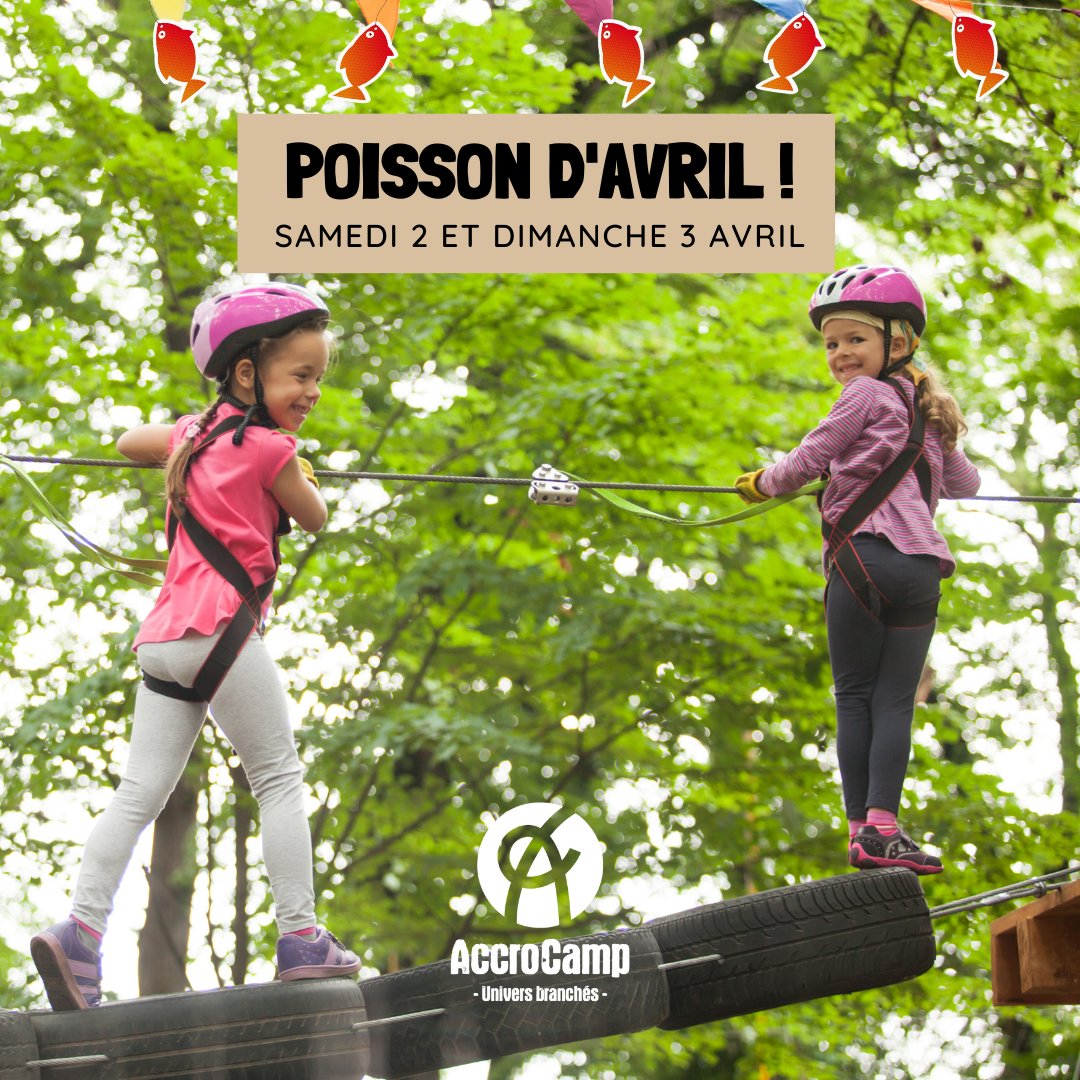 AccroCamp's tweet photo. Ce weekend (2 &amp; 3 avril), jeu du poisson d'avril chez AccroCamp. Venez chercher les poissons dans les arbres et gagnez plein de cadeaux !! 
Pensez à réserver sur https://t.co/Gy5oY6qa3q https://t.co/3dPvF5eLjQ