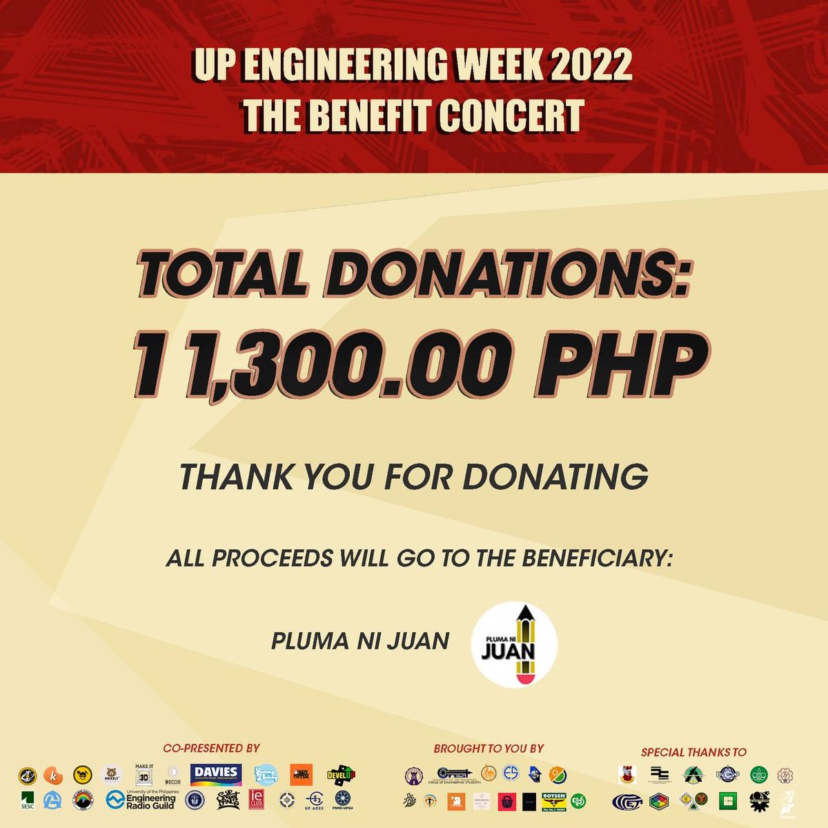 We would like to express our gratitude to everyone who participated and helped via relief and donation drives for pandemic-stricken communities and victims of typhoons through Pluma ni Juan.

We were able to donate a total of 𝟏𝟏,𝟑𝟎𝟎 𝐏𝐇𝐏!

#EW2022
#EnggWeekResurgence