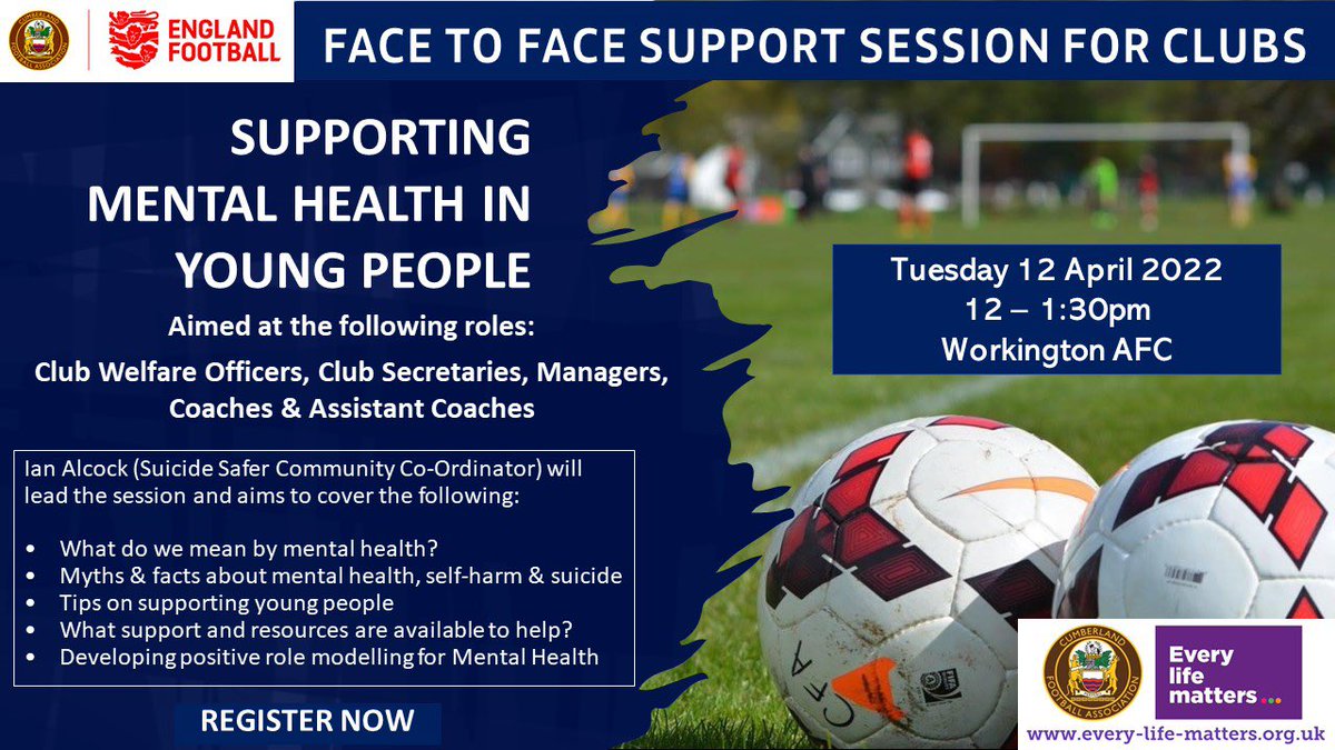 MENTAL HEALTH IN YOUNG PEOPLE | We’ve have teamed up with Every Life Matters to run a face-to-face session for Club Volunteers to support the young people within their Clubs.

🗓 Tues 12 April
⏰ 12-1:30pm
📍Workington AFC

More info &amp; register 👇
bit.ly/3iR3aFg