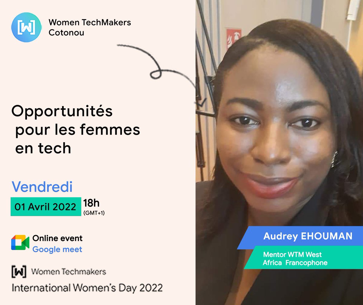 L’#IWD du <a href="/wtm_cotonou/">Women Techmakers Cotonou</a> s’annonce incroyable. Ça commence ce soir jusqu’à demain, online et on aura des invitées de premier niveau.
Que des #BossLadies like <a href="/ehoumanaudrey/">Ehouman Audrey ( #WebWeWant)</a> <a href="/JessyGaba/">Jessica Gaba</a> <a href="/idjaton/">IDJATON Koubouratou</a> et <a href="/windowtograce/">Grace</a> pour venir impulser le leadership féminin dans la tech et au delà ....