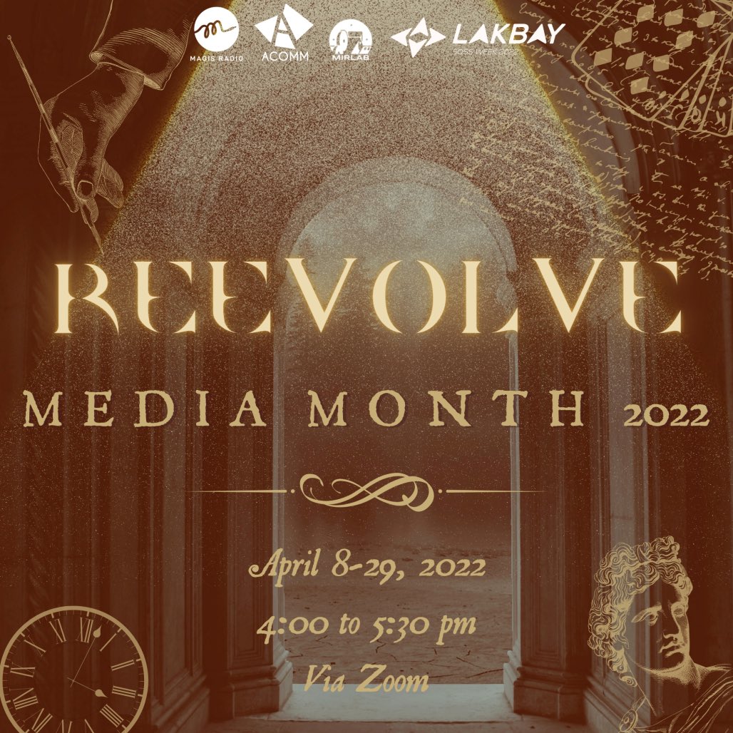 AteneoACOMM's tweet photo. Welcome to the ReEvolution ✊

Ateneo ACOMM proudly presents Media Month 2022: REEVOLVE, coming to you this month of April! Join us as we rediscover how media has evolved over time through the different tracks of communication. https://t.co/pd20boE5c3