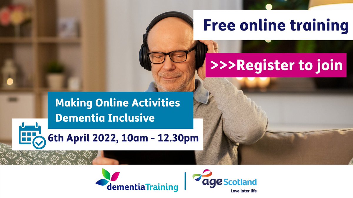 AgeScotDementia's tweet photo. Would you like to learn how to make your online activities more #dementia inclusive? We have a training session that could be perfect for you! Join us for free online on 6th April, 10am - 12.30pm. Learn more and register here ➡️ https://t.co/BeyPD1CsI9 https://t.co/OFasebRGRG