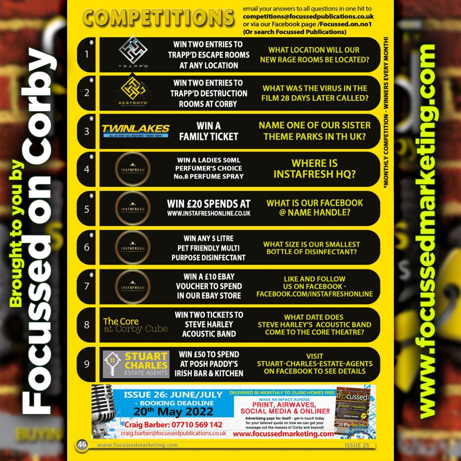 Focussedmag's tweet photo. 'Focussed on Corby' - Issue 25 - COMPETITIONS!

Win some great prizes EVERY MONTH!!  

Simply send your answers to: competitions@focussedpublucations.co.uk or send it via the Focussed Publictions inbox.

GOOD LUCK :) 

#FocussedonCorby #Corby #CorbyRadio #Radio #Community #Mag... https://t.co/GWWjrSscfR