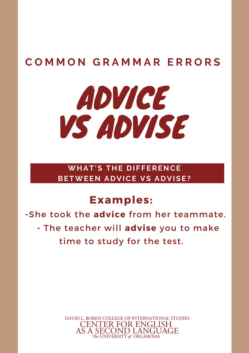 It's Friday!
It's time for our common grammar errors of the week.
Today,we're focusing on the difference between advice and advise.
#oucesl #internationalstudents