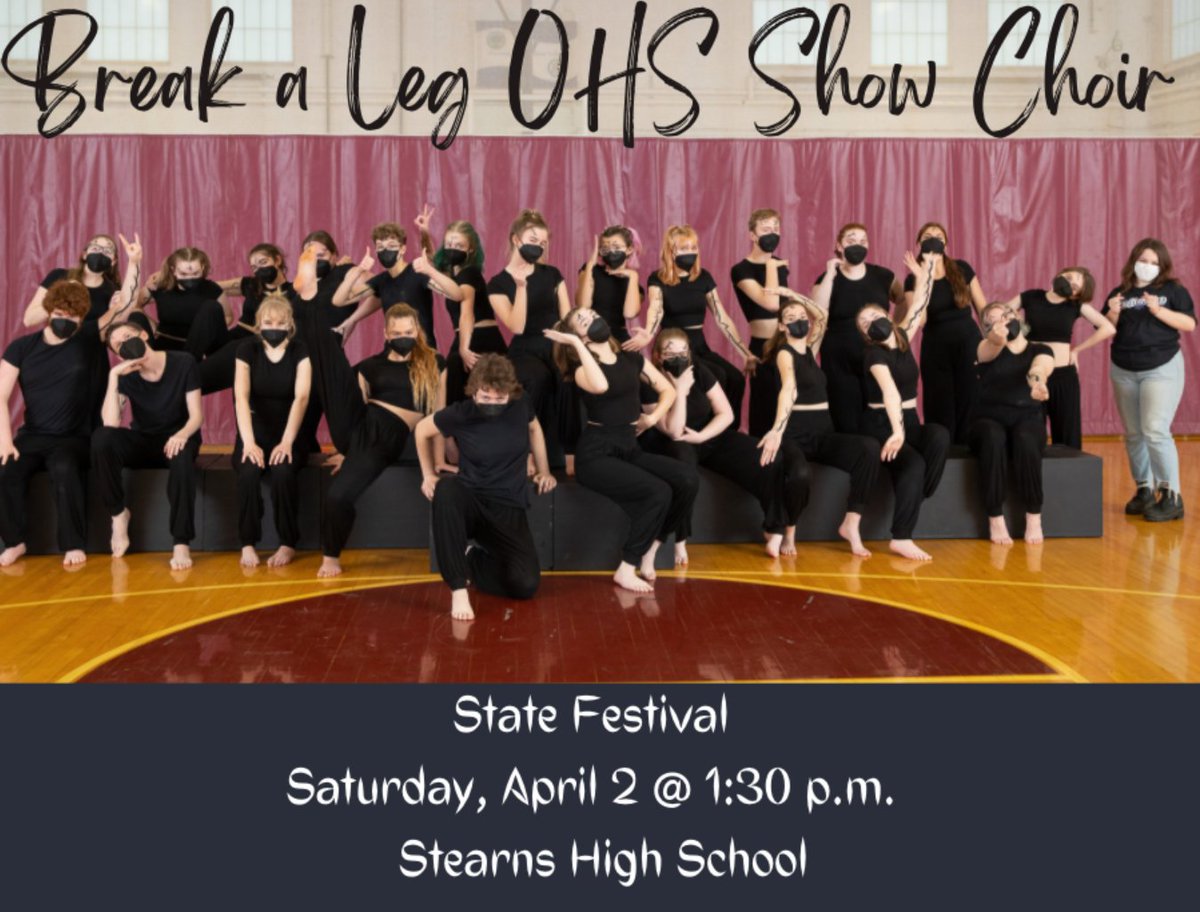 rsu_26's tweet photo. On With The Show, This Is IT! 

https://t.co/gMgtSHmKQT

Vocal Jazz/Show Choir States is at Stearns High School on Saturday, April 2nd
OMS performs at States at 9:00 a.m.
OHS performs at States at 1:30 p.m.

#RiotArts
#RiotPride
#GoRiots https://t.co/G6hpGFV3P6