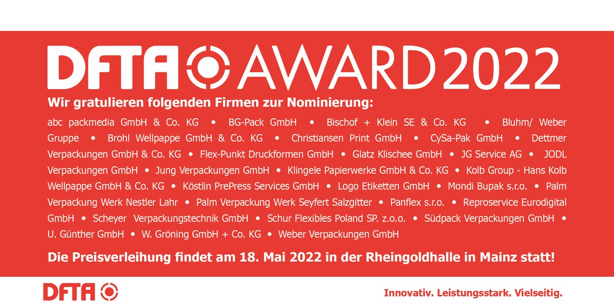 Die nominierten Firmen für unseren DFTA-AWARD 2022 stehen jetzt fest! 😃

#verpackung #packaging #packagingsolutions #dfta #Verpackungsindustrie #trends #flexodruck #flexographic #verleihung #award #dftaaward