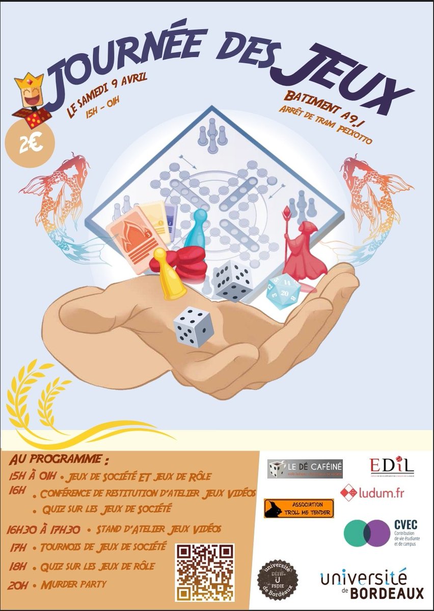 TrollMeTender's tweet photo. N'oubliez pas, la Journée du Jeu c'est le samedi 9 avril de 15h à 1h ! Pensez à faire un tour chez @laguildedudelibere pour plus d'infos. On sera présents en tant d'animateurs alors passez nous faire coucou ! 
#jdr #bordeauxanimation #jeuderole #jeudesociete https://t.co/qsLk0e1MNg