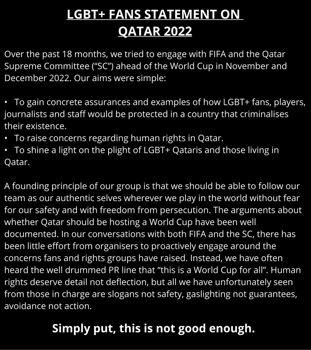 PrideinFootball's tweet photo. A statement from fan groups including us + @FansEurope @QFForg @rozeregahs @ISCSupporters @fotballforalle @3lionspride &amp; @TheRainbowWall.

Fans stand united, condemning @FIFAcom &amp; @roadto2022en's inaction on LGBT+ inclusion. #WorldCup2022 #WorldCupForSome https://t.co/ok9t0JovjO