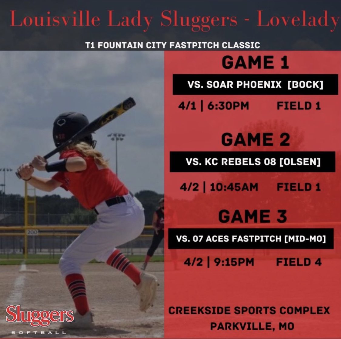 downster07's tweet photo. can’t wait to play at the T1 fountain city fast pitch classic tournament in creekside !! first game is at 6:30 pm today. game 2 is tomorrow at 10:45am and at 9:15pm. Super excited to be back on the field again!! https://t.co/F7KiwGjTdo