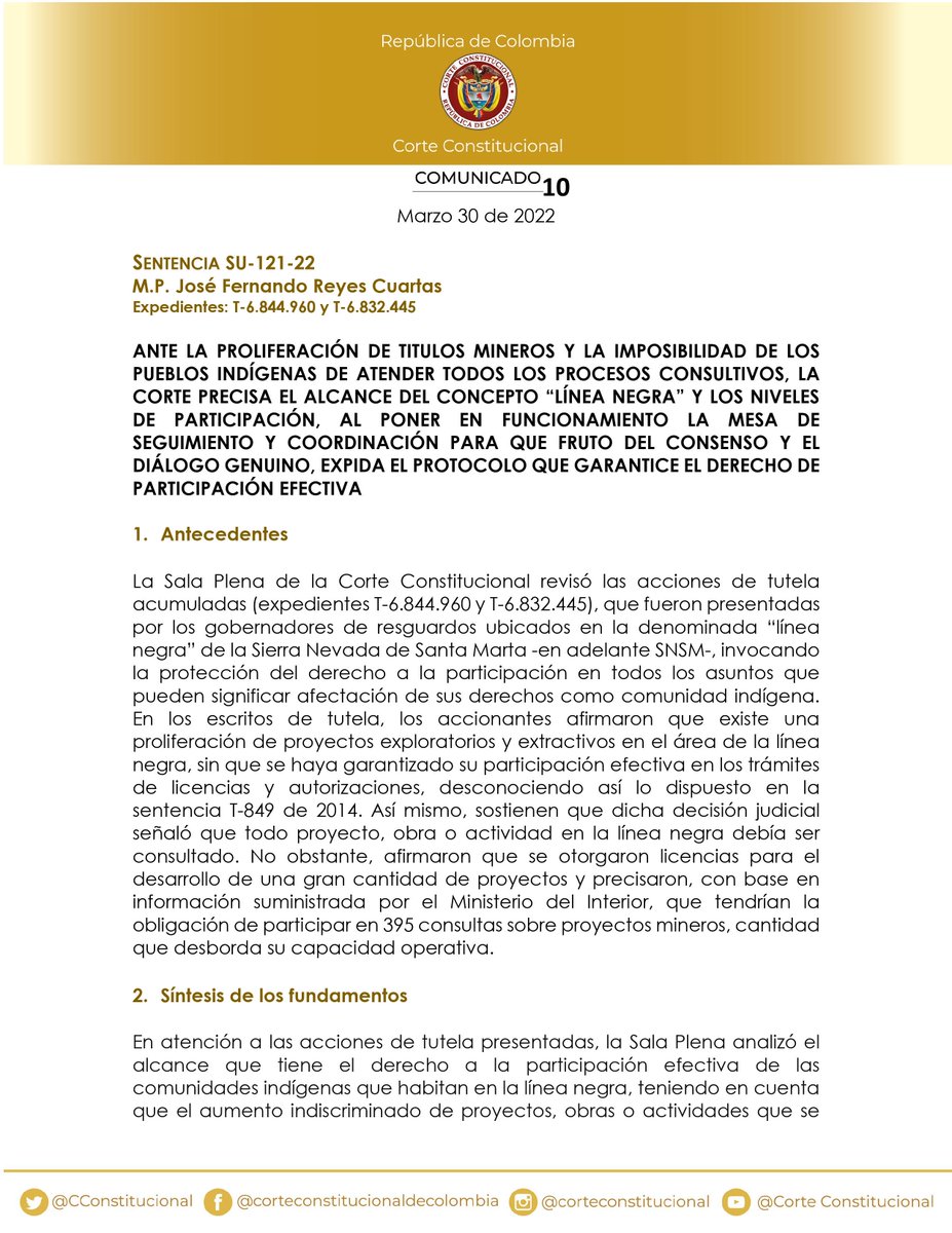 CConstitucional's tweet photo. #LaCorteInforma | Ante la proliferación de títulos mineros y la imposibilidad de los pueblos indígenas de atender todos los procesos consultivos, la Corte precisa el alcance del concepto “línea negra” (…)
M. P. José Fernando Reyes Cuartas. https://t.co/UxCNTjHWUl