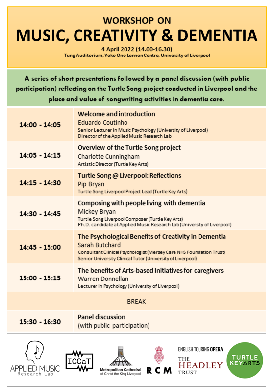 AMresearchlab's tweet photo. Here is the programme for our Workshop on Music, Creativity & Dementia (with @TurtleKeyArts!). Talking about the #TurtleSong project taking place in Liverpool and the role of songwriting in dementia care. Join us on Monday! https://t.co/0eEAHZMYeK https://t.co/RRQpeYLWMI