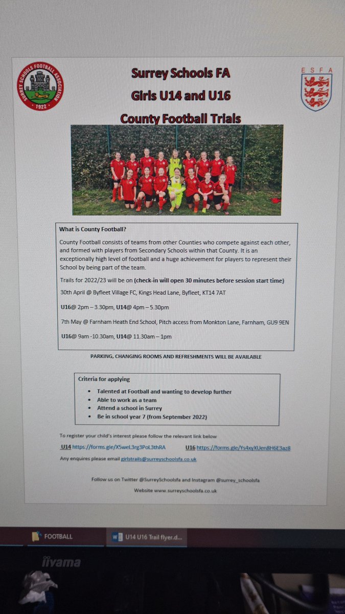 Trial details for girls U14 and U16. Please register via the relevant link
U14
forms.gle/X5weL3rg3PoL3t…
U16 
forms.gle/Ys4xyXUen8H6E3…