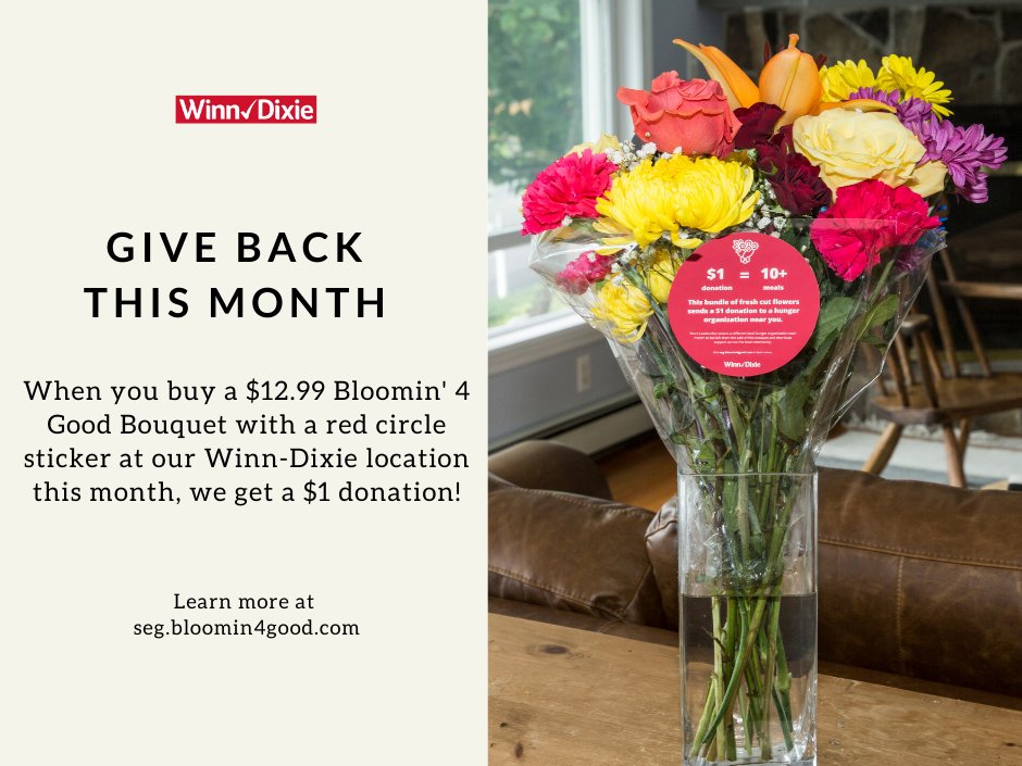 MealsEtcOrg's tweet photo. We're excited to share that every $12.99 Bloomin' 4 Good Bouquet with the red circle sticker purchased in April at the @WinnDixie located at 1750 Sunshadow Drive, Casselberry will send a $1 donation to us! #giveback #dogood https://t.co/YDBtLTuMuH