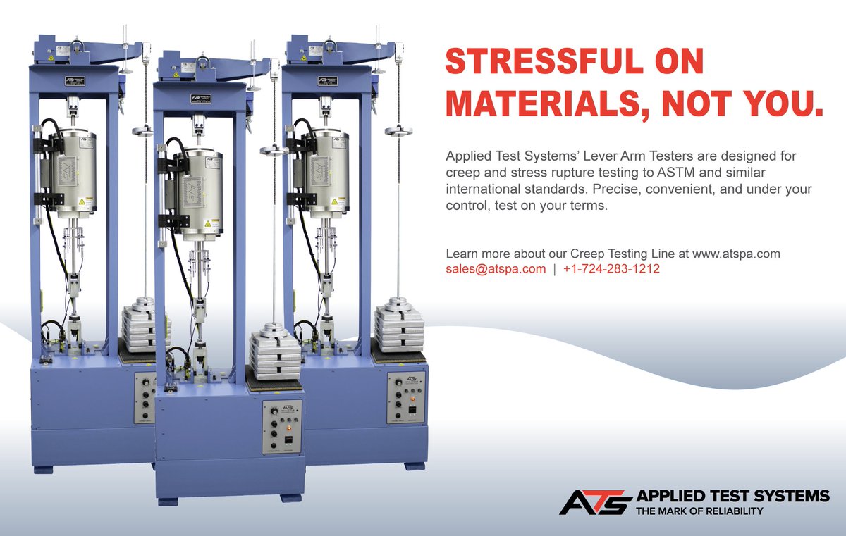 AppliedTest's tweet image. Creep Testing Machines that are stressful on materials, not you. Learn more about our Lever Arm Testers at atspa.com.
#creepstressrupturetesting #ats #materialstesting