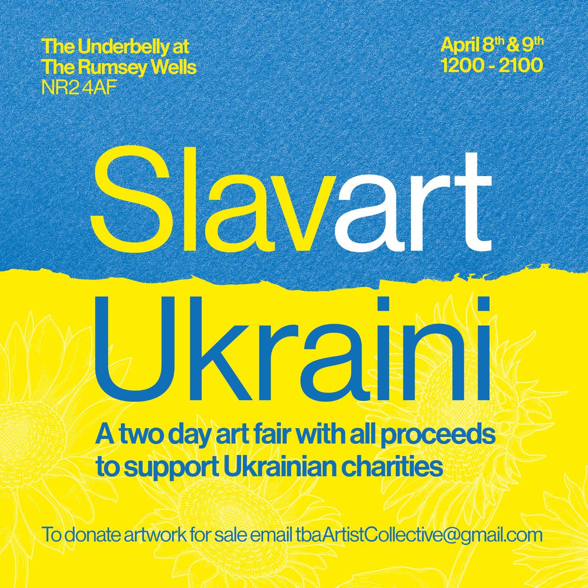 Call for art donations! 

Students, staff &amp; grads are fundraising for Ukraine by holding an Art Fair at The Rumsey Wells, Norwich, on 8 &amp; 9 April 🇺🇦

📧  tbaartistcollective@gmail.com