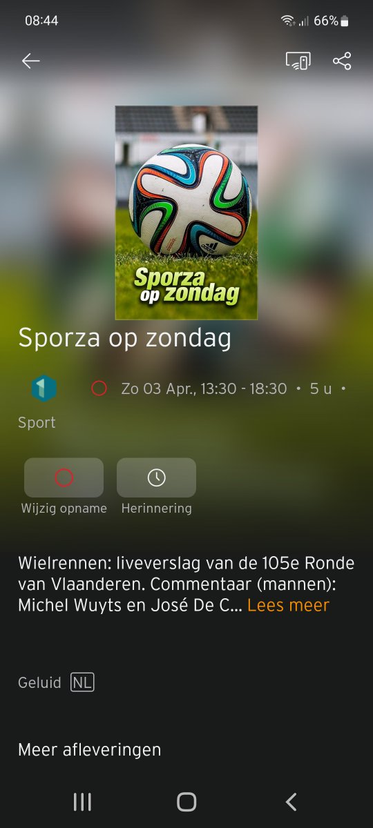 Ziggo laat wielrenliefhebber in de steek. Opnemen 106e Ronde v Vlaanderen 3 april zal niet lukken want Ziggo programmeert zondag Ronde 105 van jaar geleden! Ook vorige week: opname Gent Wevelgem mislukt.
Support/helpdesk doet er niets aan, want ligt niet aan Ziggo! 
<a href="/ZiggoWebcare/">Ziggo</a>