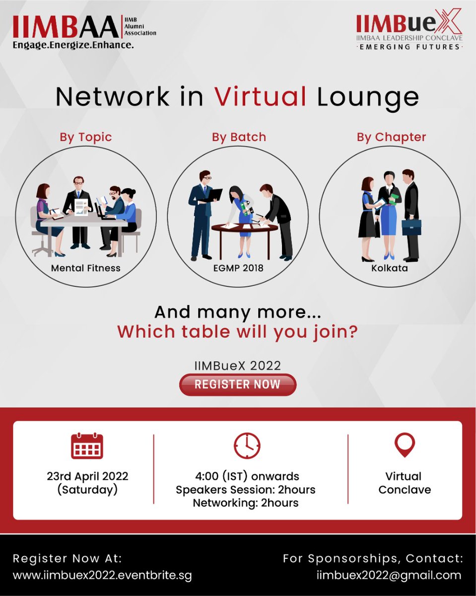 IIMBueX 2022 brings to you a vibrant networking lounge. Dedicated tables are reserved for Alumni Batches, and Chapters with high registrations! 

Register Now
bit.ly/iimbuex2022wa