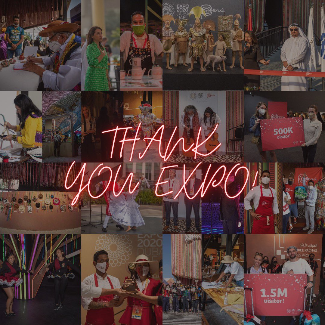 Expo2020Peru's tweet photo. Una experiencia que quedará para siempre en nuestros corazones y mentes, gracias Expo 2020 Dubai  por reunirnos con el resto del mundo.

Estamos eternamente agradecidos por las experiencias, los recuerdos y la gran gente con la cual nos encontramos 🤩🤩

Con amor,
#Perú 🇵🇪🇵🇪 https://t.co/x2GiSHXXWy