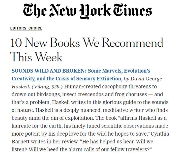 Sounds Wild and Broken listed in this week's 
<a href="/nytimesbooks/">New York Times Books</a>
 Editors' Choice!
Join me in celebration of the sounds of the world's 🐸🎻🐟🦐🐦🦗🌳🎺and in exploring how creativity and justice can benefit from deeper listening.
<a href="/VikingBooks/">Viking Books</a>