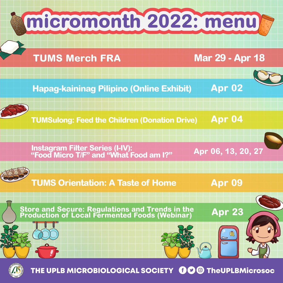 TheUPLBMicrosoc's tweet photo. As we welcome the new month of April, we introduce the month-long line-up of events for MicroMonth 2022: 𝐓𝐚𝐫𝐚, 𝐊𝐚𝐢𝐧! 𝐓𝐚𝐬𝐭𝐞 𝐭𝐡𝐞 𝐃𝐢𝐯𝐞𝐫𝐬𝐢𝐭𝐲 𝐨𝐟 𝐭𝐡𝐞 𝐏𝐡𝐢𝐥𝐢𝐩𝐩𝐢𝐧𝐞𝐬 𝐭𝐡𝐫𝐨𝐮𝐠𝐡 𝐅𝐨𝐨𝐝 𝐌𝐢𝐜𝐫𝐨𝐛𝐢𝐨𝐥𝐨𝐠𝐲! https://t.co/dV0MincbUi