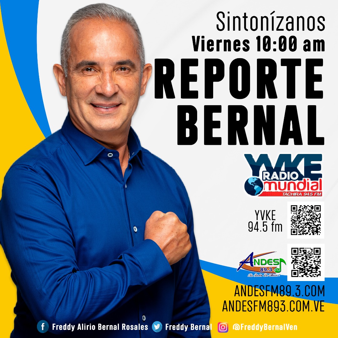 #1Abr A partir de las 10:00 am a sintonizar #ReporteBernal,transmitido por 
<a href="/YvkeTachira/">Yvke Tachira</a>  94.5 FM, con <a href="/FreddyBernal/">Freddy Bernal</a>
 y el Afrodescendiente de la Comunicación 
<a href="/arguelloyepfri/">Yepfri Arguello</a> <a href="/BermudezJoseA/">Bermúdez José</a> @tachira_gmas