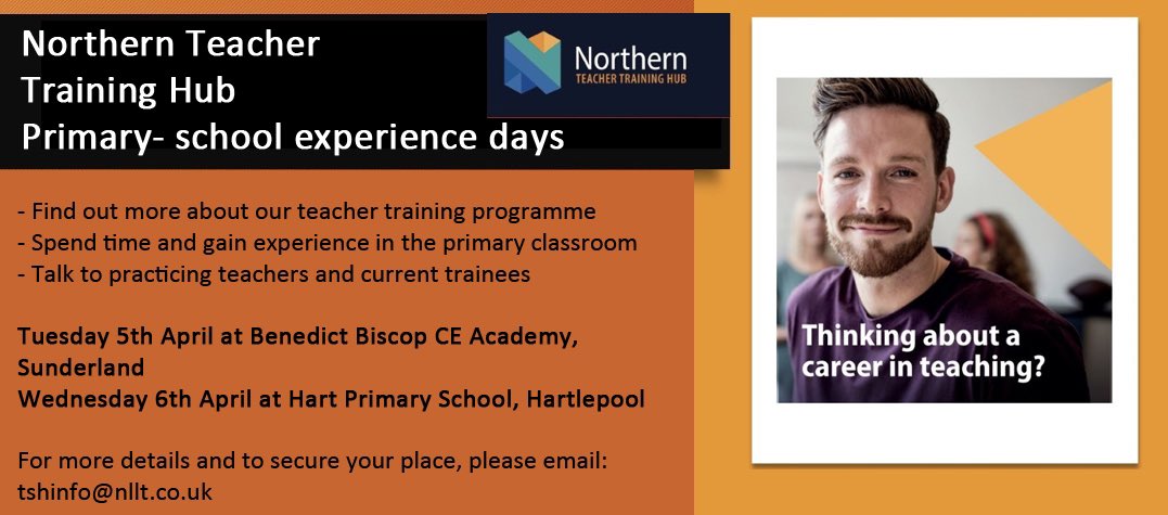 mlongdotcom's tweet photo. Thinking of teaching primary? Think Durham SCITT. Book your place at one of our primary school experience days on the 4th or 5th of April. @TeachTrainNorth  @St_Michaels_BM @getintoteaching https://t.co/16oWKNgEye
