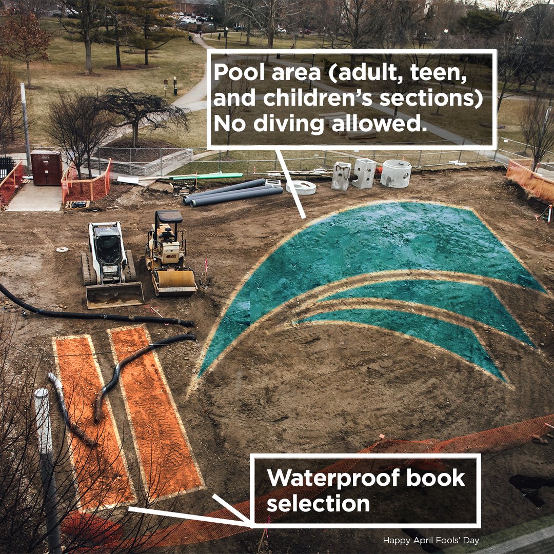 columbuslibrary's tweet photo. Well, it's time to announce our big surprise! You may have seen the construction happening behind Main Library...Yes, we are building a pool! We'll be adding a huge collection of waterproof books. We're hoping to add a hot tub this fall! https://t.co/b8whxVTcqI
