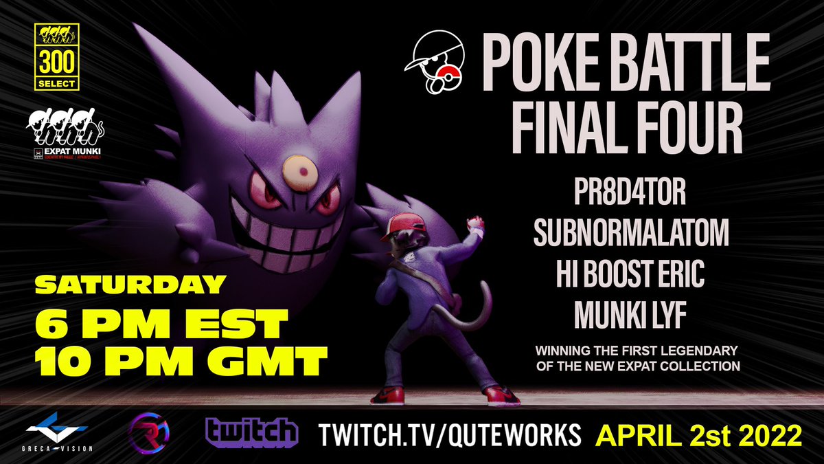 QUTEworks's tweet photo. Our community is the best. This weekend we are wrapping up the #pokebattle The FINAL FOUR! One of these competitors is getting the Ketchum from our new collection. The #expatmunki #nftcollection is amazing cause our discord is the best. Sat. 6pm https://t.co/c9vxv4VqOB https://t.co/vHcKY11rEj