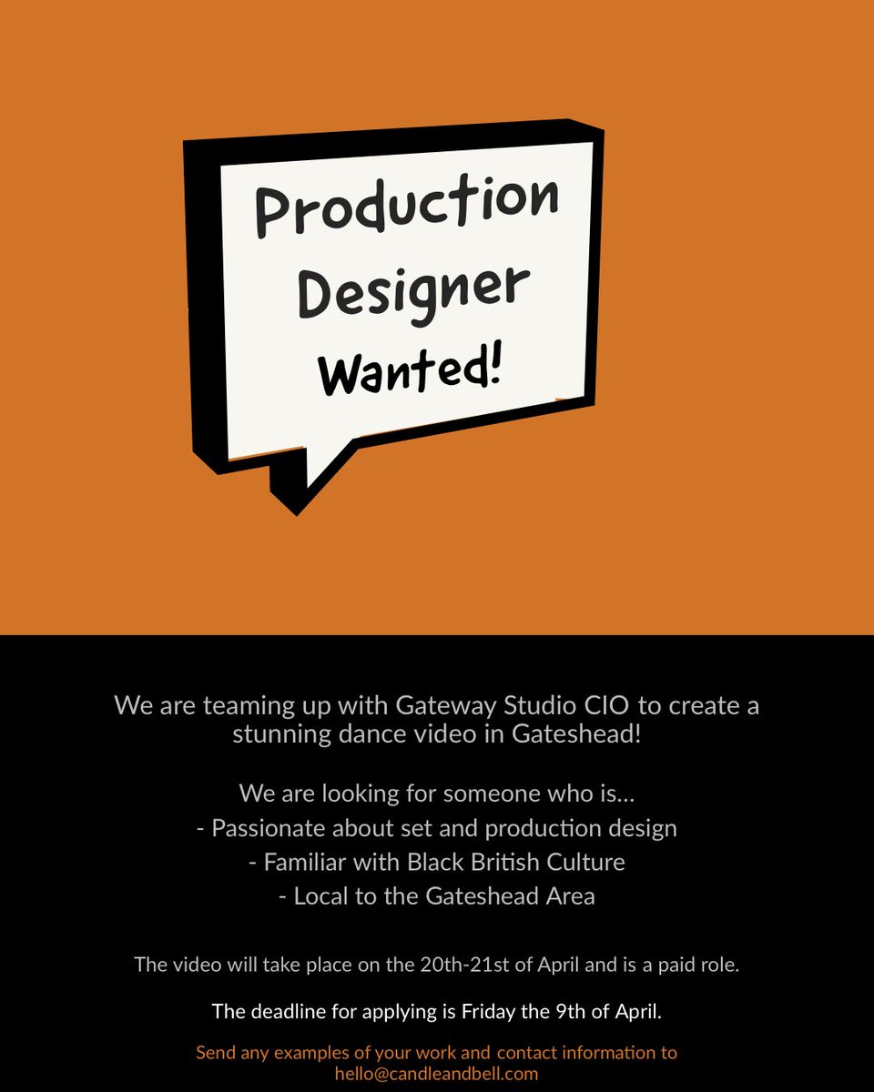 CandleAndBell's tweet photo. We are looking for a local production/set designer to join us in an up-coming project! If you are interested, please send us examples of your work and your contact details to hello@candleandbell.com
The deadline for applications is the 9th of April.
#ProductionDesigner #JobAlert https://t.co/TfHxbK2noW
