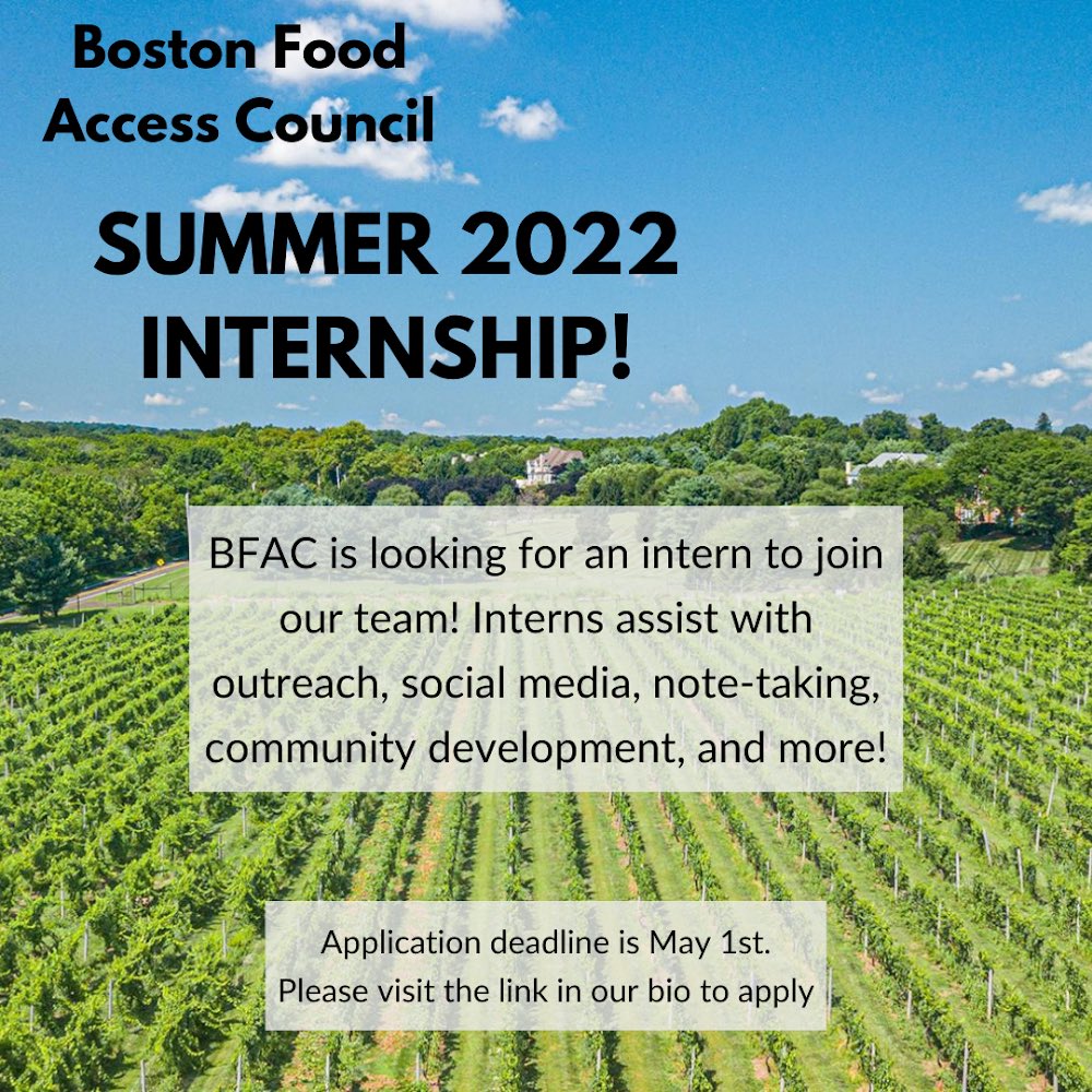 CouncilBoston's tweet image. Join our team as a a summer intern! Great opportunity to connect with folks involved with food access in Boston, and to play a critical role in nonprofit development.