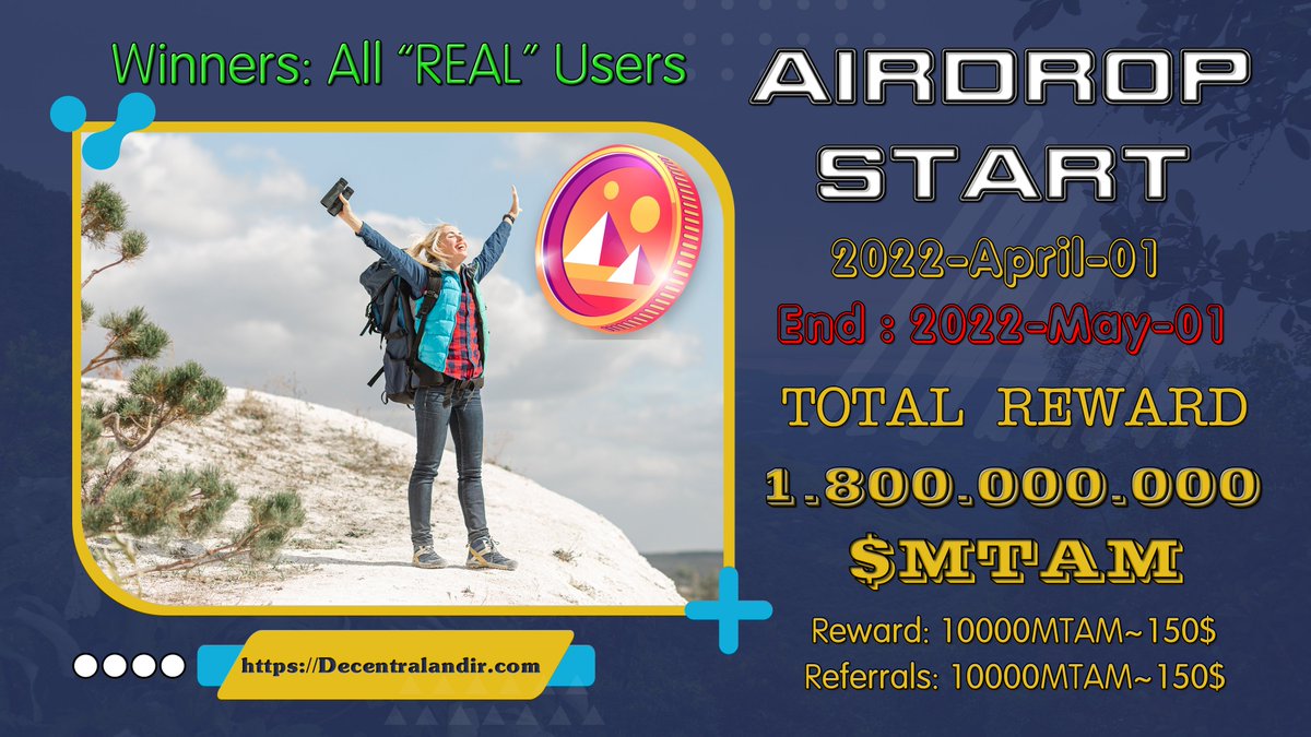 mtamexchange's tweet photo. MTAM Airdrop
Reward: 10000MTAM ~ 150$
Referrals: 10000MTAM ~ 150$
Winners: All "Real" Users
Contract address : 
0x14b8EC95aB6AA5B4CB56117Cbb62b65e6205f7e8
Website: https://t.co/duADUqamss
#Decentraland #Decentralandir #MTAM #Metaverse #AirdropCrypto #Airdrop #Tokenlaunch https://t.co/H3ZrNpB45d