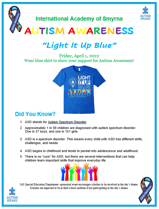 IAS_principal's tweet photo. Tomorrow is World Autism Awareness Day. Let's promote understanding to all people living with ASD. Thank you to my IAS family for taking time to "Light it Up Blue". Today blue shirts are amazing, and teaching our scholars about ASD will be too. 
Remember: Awareness &amp; Acceptance. https://t.co/FAoAgHGVPj