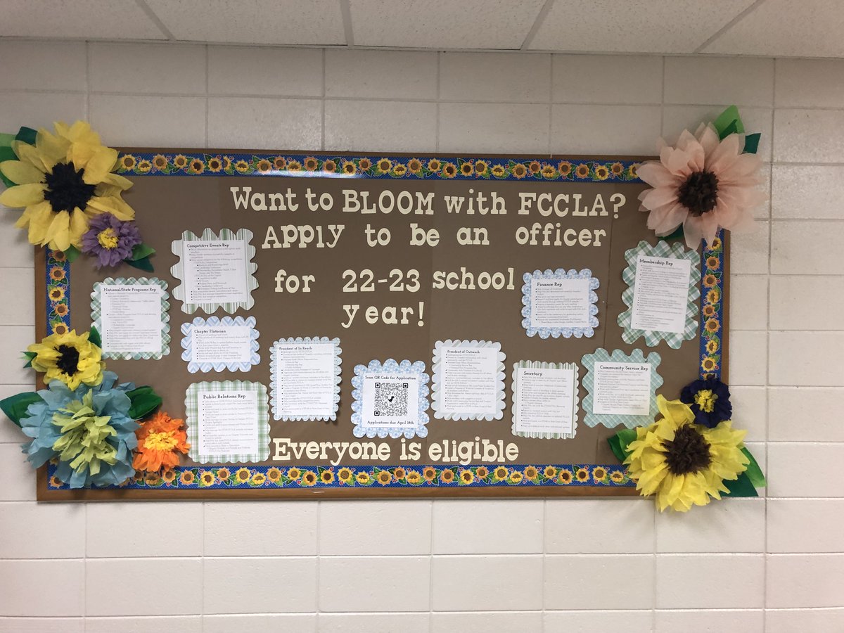 ECEOCHS's tweet photo. Do you want to bloom with FCCLA next year? Check out the officer positions and application out Mrs. Just's room! https://t.co/Hp9heX9iU9