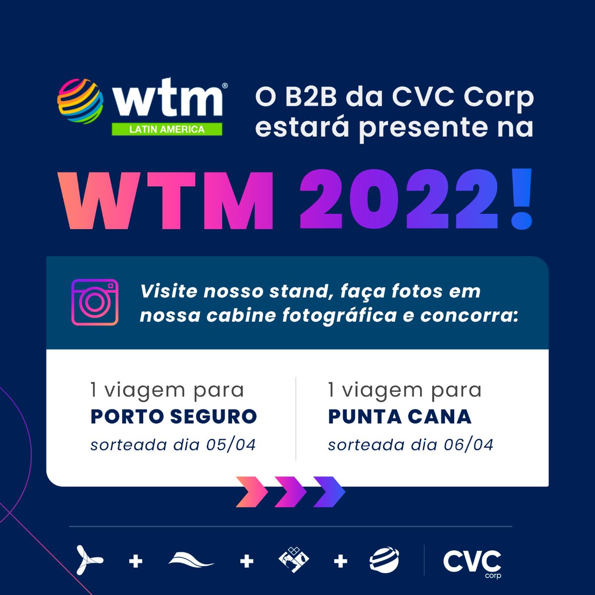 WTM 2022: a gente vai estar lá! 🗣️🗣️🗣️ Entre os dias 5 e 6 de abril, o B2B da CVC Corp vai marcar presença na @wtmlat 2022, em São Paulo, apresentando todas as nossas novidades, produtos e muito mais! Anote aí: estaremos no estande M22! Esperamos você!