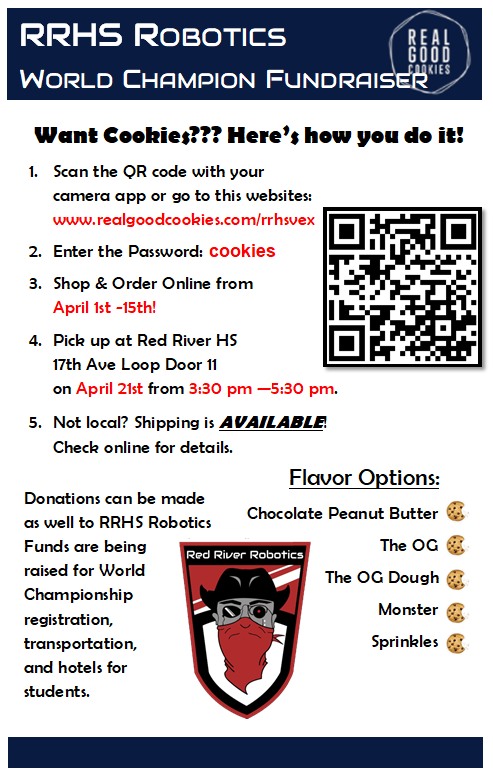 RRHSRobots's tweet photo. Do you have a craving for a cookie?? VEX is teaming up with Real Good Cookies (you know...the large, half pound cookies!) in a fundraising effort to help support our trip to Dallas. Scan the code or use the link to place your order by April 15th! @RRHSactivities @GFSchools #RED https://t.co/iQ81BJvf5g