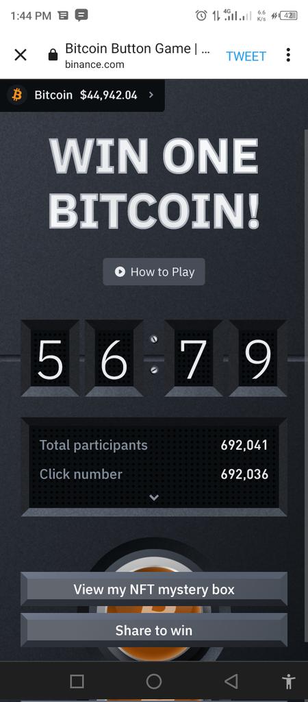 phronehsys's tweet photo. Win one #BTC on the @binance game. Last person to click...
game on... let's go!!! 😊
#BitcoinButton 
#Binance https://t.co/yVicPF7fze