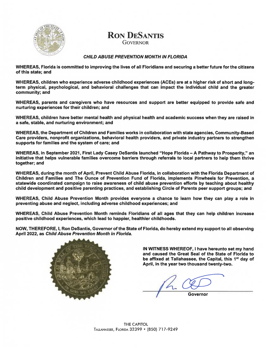 MyFLFamilies's tweet photo. . @GovRonDeSantis has proclaimed April 2022 as Child Abuse Prevention Month! The Governor &amp; @FLCaseyDeSantis' commitment to strengthening Florida's families is unparalleled, &amp; DCF is grateful for their continued support of our mission because all kids deserve #GreatChildhoods! 💙 https://t.co/jyWJIK7WKS