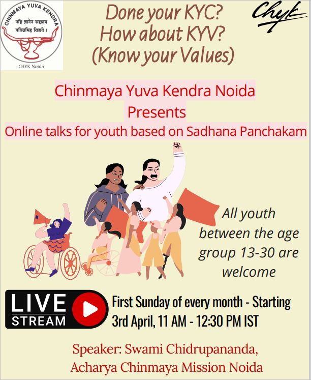 suraj35's tweet photo. Chinmaya Yuva Kendra Noida presents
#KnowyourValues - Talk Series for Youth
Starting 3rd Apr(every first sunday) 11 am - 12:30 by Swami Chidrupanandaji @chinmaya_noida Encourage youth to register here https://t.co/1daZALz8Yu
@gopalkagarwal @ashokkp @ShamikaRavi
@RVenkat_India https://t.co/EIawDB4Zw1