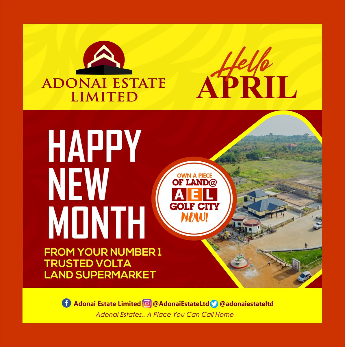 AdonaiEstateltd's tweet photo. Welcome to April. May the new Month bring you bigger grace and blessings!
#happynewmonth #landforsale #lookingforland #voltaregion #realestate #landssupermarket #adonailands #buyvoltalands #buylandsinho #TheAdonaiPeople #LitigationFree #voltalandshub #AprilFoolsDay https://t.co/S5sX9iQSOL