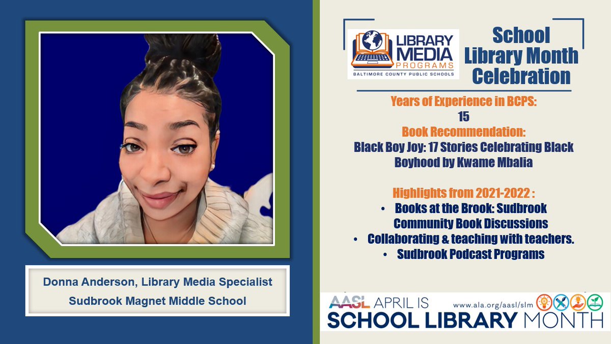 April is School Library Month #AASLslm. Today we celebrate Donna Anderson <a href="/SudbrookLibrary/">Sudbrook Library</a>, #bcpslms <a href="/sudbrookmagnet/">Sudbrook Magnet</a>. Thank you for all that you do for your students, staff, school, and community! <a href="/BaltCoPS/">Baltimore County Public Schools</a> <a href="/gwebb2000/">Gordon Webb</a>