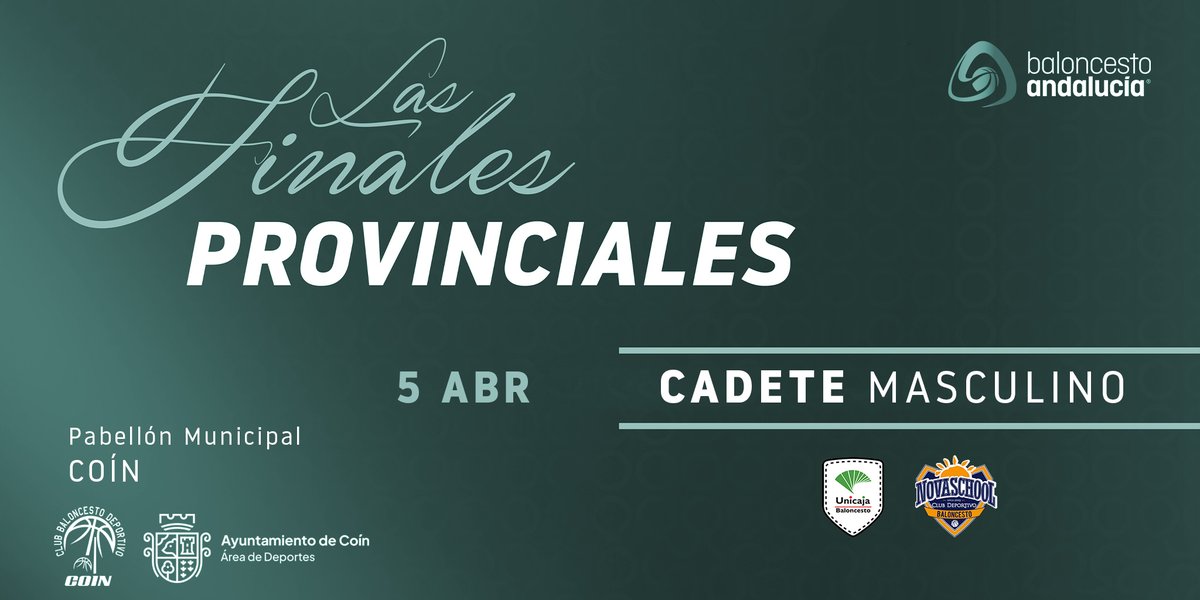 🏆⛹️‍♂️ Unicaja Andalucía - CB Novaschool Rincón de la Victoria final de la categoría cadete masculina 21/22 #CadeteMálaga #PlayoffsMálaga

📆 Martes 5 abril
⌚️20:00 horas
📍 <a href="/AytoCoin/">Ayuntamiento de Coín</a> 
🎫 Entrada libre 

🔗andaluzabaloncesto.org/malaga/delegac…