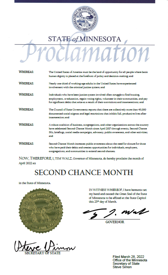 Randerson041's tweet photo. Thank you Governor @GovTimWalz for declaring April 2022 as #SecondChanceMonth #MN2ndChance #SecondChances @MN2ndChance @prisonfellowshp @JusticeReform @BoldRecovery https://t.co/vPswjLKjob