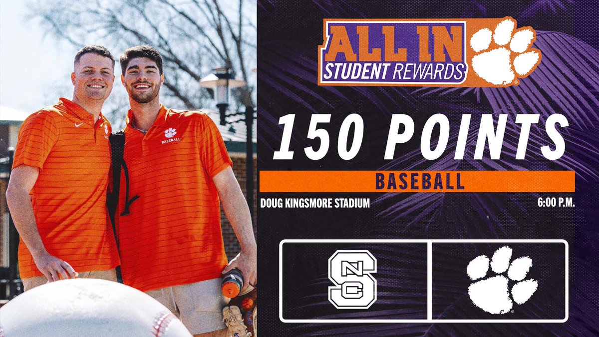 AllInRewards's tweet image. ☀️HAPPY APRIL TIGERS☀️

⚾️@ClemsonBaseball is back in DKS
🟠6:00 pm vs NC State  
#CUthere