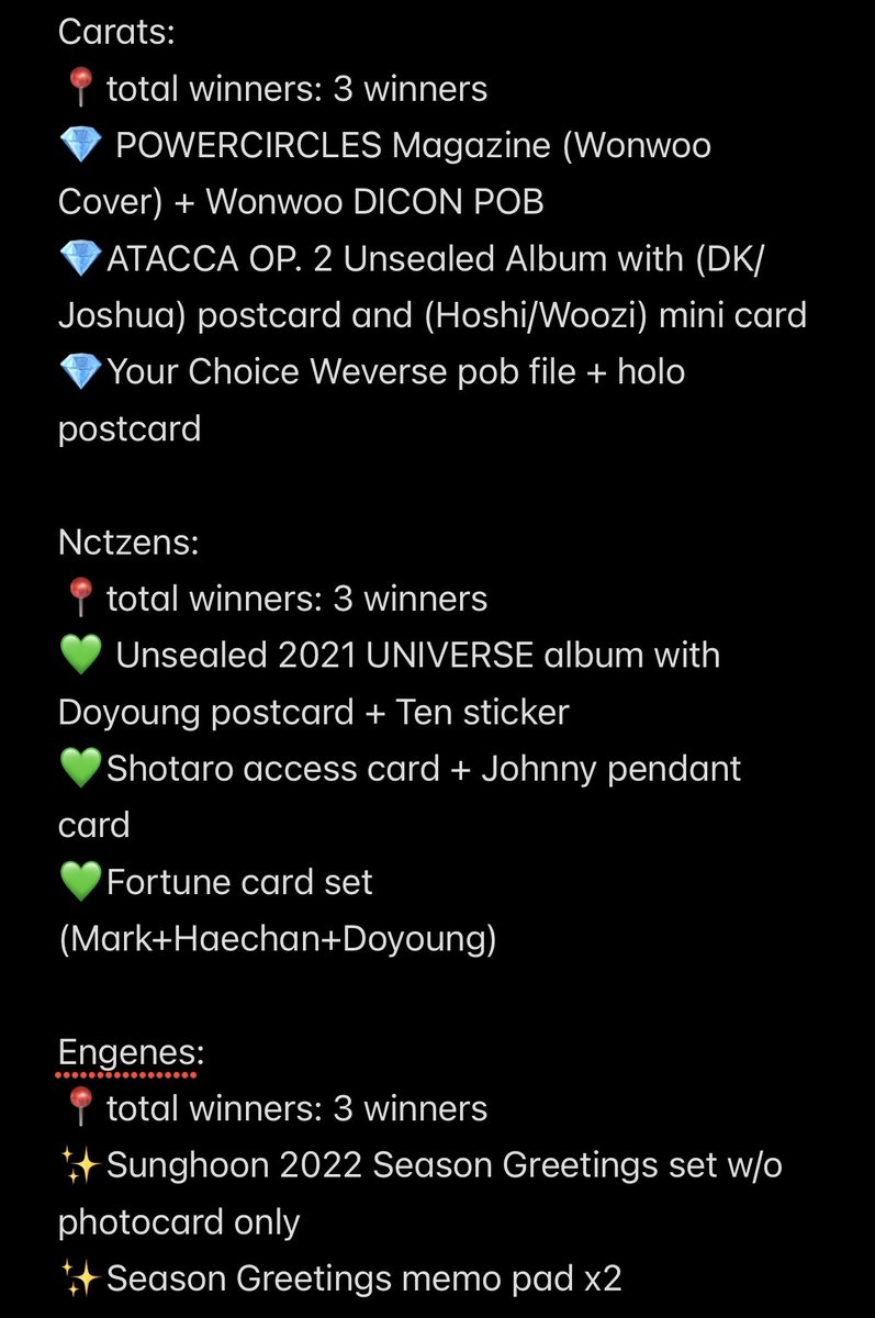 kiujoha1's tweet photo. Help RT 🇲🇾 Happy 700! To thank you, we’re having a GA 🤍 specially for Carats, Nctzens and Engenes! ✨

Rules: 
📍follow, rt this and our pinned twt ☺️
📍Carats are welcomed to our Tele channel <3

🎉 Prizes: refer picture
📦 Postage on winners
📆 Ends: 1st May https://t.co/088k6zsasb